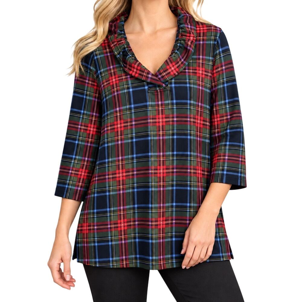 Ali Miles Sz Medium Red Plaid Holiday Christmas Wearable Art Blouse Shirt Top
